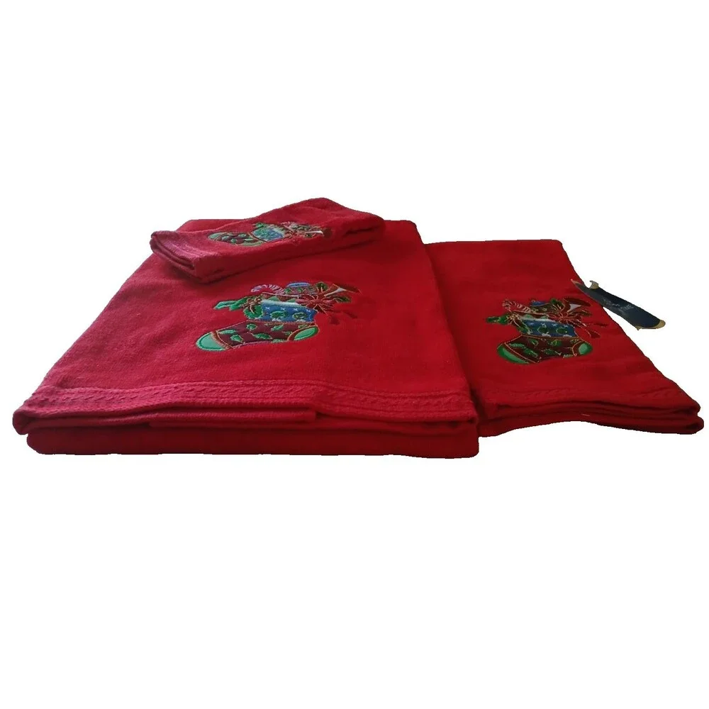 3-Piece 100% Cotton Christmas Towel set Embroidered Design Large Bath Towel Red